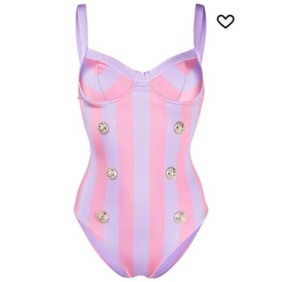Balmain one piece swimsuit Double Breasted Lion head Button Stripped sz 8 US - Picture 1 of 3